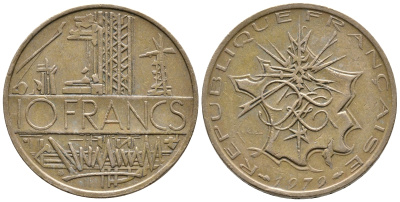 Франция 10 франков 1979 тип Матье KM 940, Le Franc 365.13-14 никель латунь 36-725