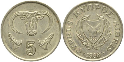 КИПР 5 ЦЕНТОВ 1988 ГОЛОВА БЫКА KM 55.2 никель латунь 113-742