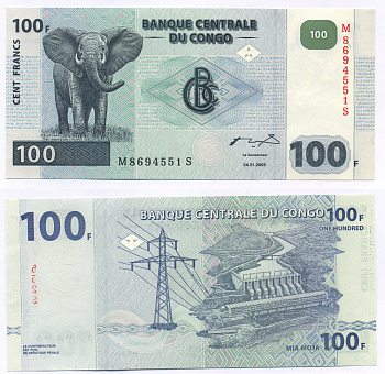 Конго 100 франков 2000 ГЭС, слон Pick 92 бумага UNC (пресс) 7547-33-4