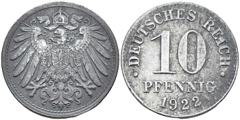 ГЕРМАНИЯ 10 ПФЕННИГОВ 1922 KM 26, J. 299 цинк 4401-223