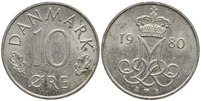 Дания 10 эре 1980 Маргрете II (1972-2024) KM 860.2 медно-никель 4396-537