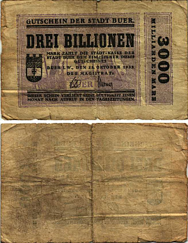 БУЕР 3000000000000 МАРОК 1923 НОТГЕЛЬД, 23 ОКТЯБРЯ 1923, ЗЕМЛЯ СЕВЕРНЫЙ РЕЙН-ВЕСТФАЛИЯ Keller 659g бумага 6300-36-1-2