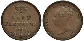 Великобритания 1/2 фартинга 1844 Виктория (1837-1901) KM 738, Spink 3951 медь 1523-615
