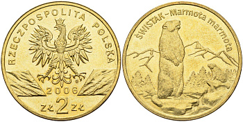 Польша 2 злотых 2006 MW, серия всемирная природа, альпийский сурок KM 534, Parchimowicz 988 нордик UNC 4676-344