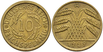 ГЕРМАНИЯ 10 РЕЙХСПФЕННИГОВ 1929 A KM 40, J. 317 алюминиевая бронза 4401-431