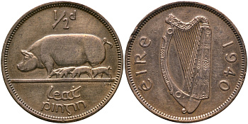 Ирландия 1/2 пенни 1940 свинья с поросятами KM 10 бронза 3457-757