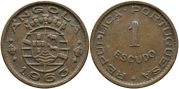 Португальская Ангола 1 эскудо 1963 KM 76 бронза 33-922