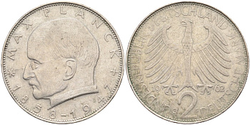ФРГ 2 марки 1962 G , Макс Планк KM 116, J. 392 медно-никель плакированный никелем 4139-143