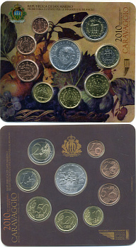 Сан-Марино евронабор из 9 монет 2010 400 лет художнику Караваджо, в оригинальном буклете KM NEW биметалл BUNC 7-1-1-16