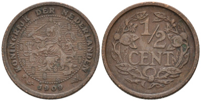 Нидерланды 1/2 цента 1909 Вильгельмина (1890-1948) KM 138 бронза 4576-339