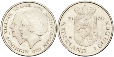 Нидерланды 1 гульден 1980 на коронацию Беатрикс, 30 апреля 1980 KM 200 никель 53-347