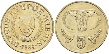 Кипр 5 центов 1994 голова быка KM 55.3 никель латунь    4595-935