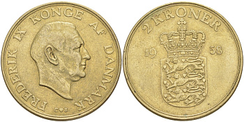 Дания 5 крон 1958 C; S, Фредерик IX (1947-1972) KM 837.2 алюминиевая бронза 4512-933