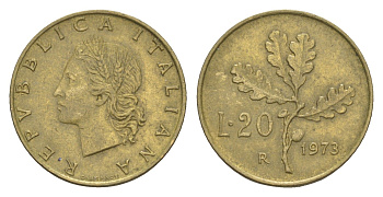 Италия 20 лир 1973 R, дубовая ветвь KM 97.2 алюминиевая бронза 4549-132