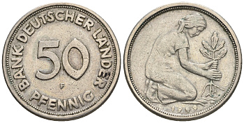 ФРГ 50 пфеннигов 1949 F KM 104, J. 379 медно-никель 60-1157