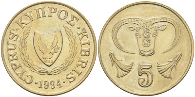 Кипр 5 центов 1994 голова быка KM 55.3 никель латунь    4595-935