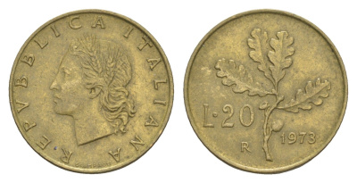 Италия 20 лир 1973 R, дубовая ветвь KM 97.2 алюминиевая бронза 4549-132