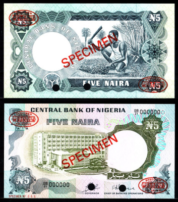 Нигерия 5 найра ND (1973-1978) SPECIMEN - ОБРАЗЕЦ. Перфорация. Pick 16 a бумага UNC (пресс) 451-1192-3