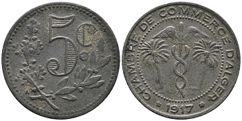 Алжир, Французская оккупация 5 сантимов 1917 Alger Chamber of Commerce KM TnA3 цинк 34-831