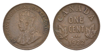 Канада 1 цент 1922 Георг V (1910-1936), редкий год - 1.243.635 экземпляров KM 28 бронза 1518-1432