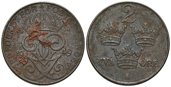 Швеция 2 эре 1949 длинная 9, Густав V (1907-1950) KM 811 железо 3459-523