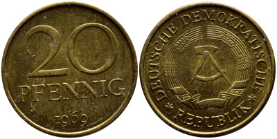 ГДР 20 пфеннигов 1969 А, первый год KM 11 латунь UNC 4398-831