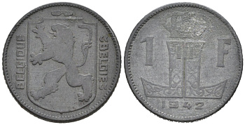 Бельгия 1 франк 1942 Belgique-Belgie, Леопольд III (1934-1947) KM 127 цинк 4577-955