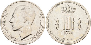 Люксембург 10 франков 1974 великий герцог Жан KM 57 никель    4140-1211