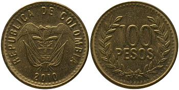 Колумбия 100 песо 2010 KM 285.2, Restrepo 445.11 латунь 4539-132