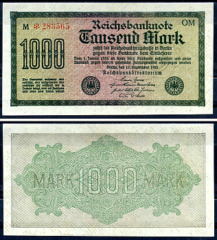 Германия 1000 марок 1922 выпуск 15 сентября 1922, водяной знак J, зеленая бумага, серия OM, буква M Pick 76 g (2) бумага 6279-32-1-1