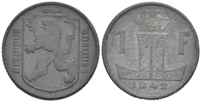 Бельгия 1 франк 1942 Belgique-Belgie, Леопольд III (1934-1947) KM 127 цинк 4577-955