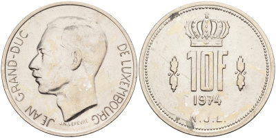 Люксембург 10 франков 1974 великий герцог Жан KM 57 никель    4140-1211
