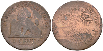 БЕЛЬГИЯ 2 САНТИМА 1865 BELGES KM 4.2 медь 4589-735