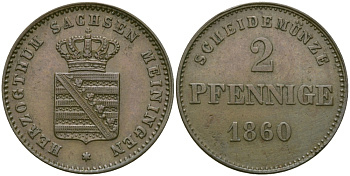 Саксен-Мейнинген 2 пфеннига 1860 Бернгард II (1803-1866) KM 171 медь 99-635