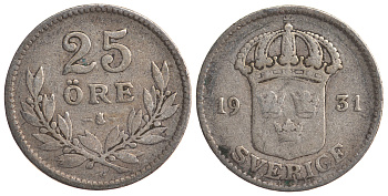 Швеция 25 эре 1931 G, Густав V (1907-1950) KM 785 серебро 4179-844