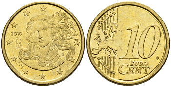 Италия 10 евроцентов 2010 KM 213 нордик 4147-758