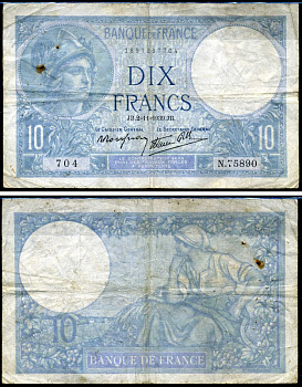 Франция 10 франков 1939 Pick 84 бумага 7219-32-1-2