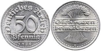 ГЕРМАНИЯ 50 ПФЕННИГОВ 1920 D KM 27, J. 301 алюминий UNC 24-936