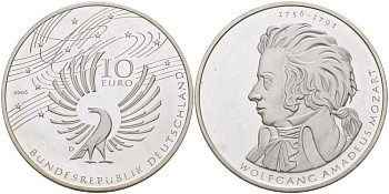 ФРГ 10 евро 2006 D, 250 лет со дня рождения Вольфганга Амадея Моцарта KM 248, DE.S. 10.29 серебро PROOF 413-314