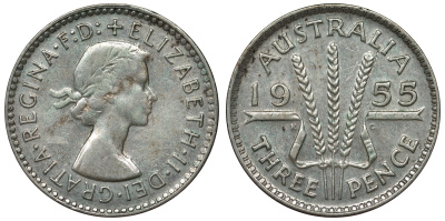 Австралия 3 пенса 1955 m, Елизавета II (1952-2022) KM 57 серебро 71-424