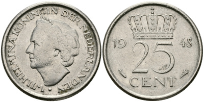 Нидерланды 25 центов 1948 Вильгельмина (1890-1948) KM 178 никель 96-115