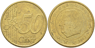 БЕЛЬГИЯ 50 ЕВРОЦЕНТОВ 2002 АЛЬБЕРТ II KM 229 латунь 4543-415