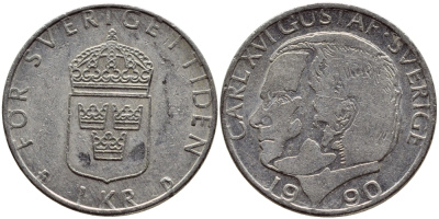 Швеция 1 крона 1990 Карл XVI Густав (1973- ) KM 852a медно-никель 4398-1255