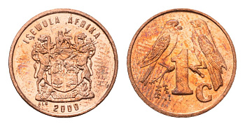 ЮАР 1 цент 2000 герб, капские воробьи KM 170 сталь плакированная медью UNC 4694-145