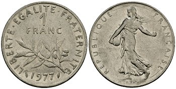 Франция 1 франк 1977 сеятель KM 925 никель 4135-857
