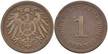 ГЕРМАНИЯ 1 ПФЕННИГ 1891 A KM 10, J. 10, Weege 2 медь 211-143