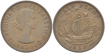 Великобритания 1/2 пенни 1959 Елизавета II (1952-2022) KM 896, Spink 4158 бронза 4544-123