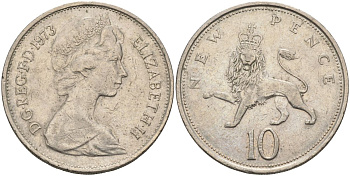 Великобритания 10 пенсов 1973 Елизавета II (1952-2022) KM 912, Spink 4231 (F1) медно-никель 4117-923