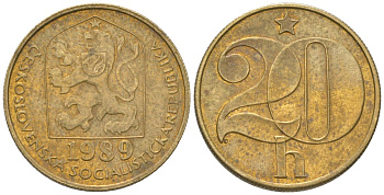 Чехословакия 20 геллеров 1989 KM 74 латунь 4115-949