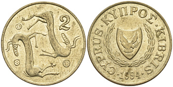 Кипр 2 цента 1994 KM 54.3 никель латунь 4596-113